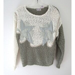 Vintage Palm Springs Yacht Club 1980's Knit Sweater Women's L Gray White Leaves